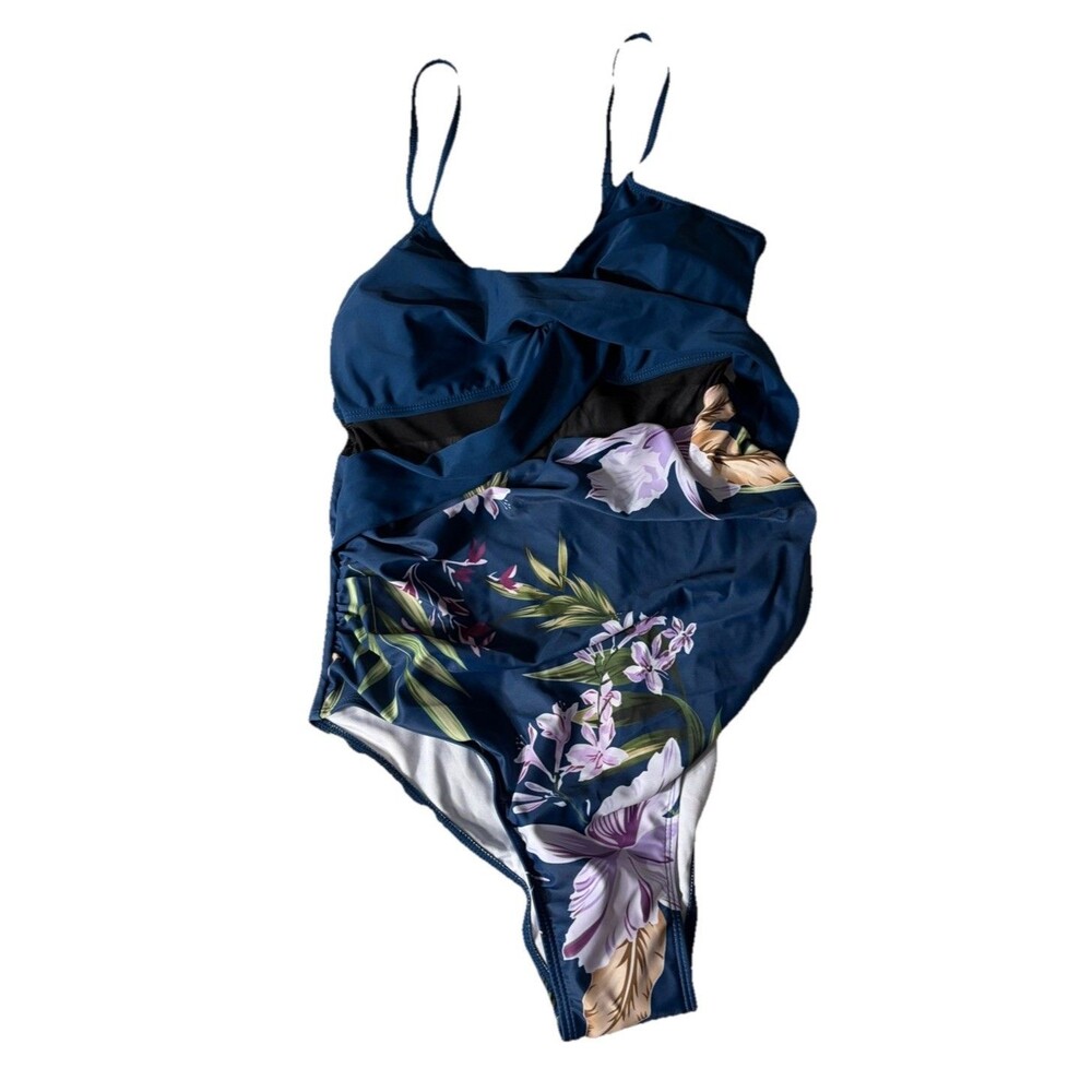 Women’s S Blue Floral One Piece Swimsuit Mesh Cutout Slimming Bathing Suit